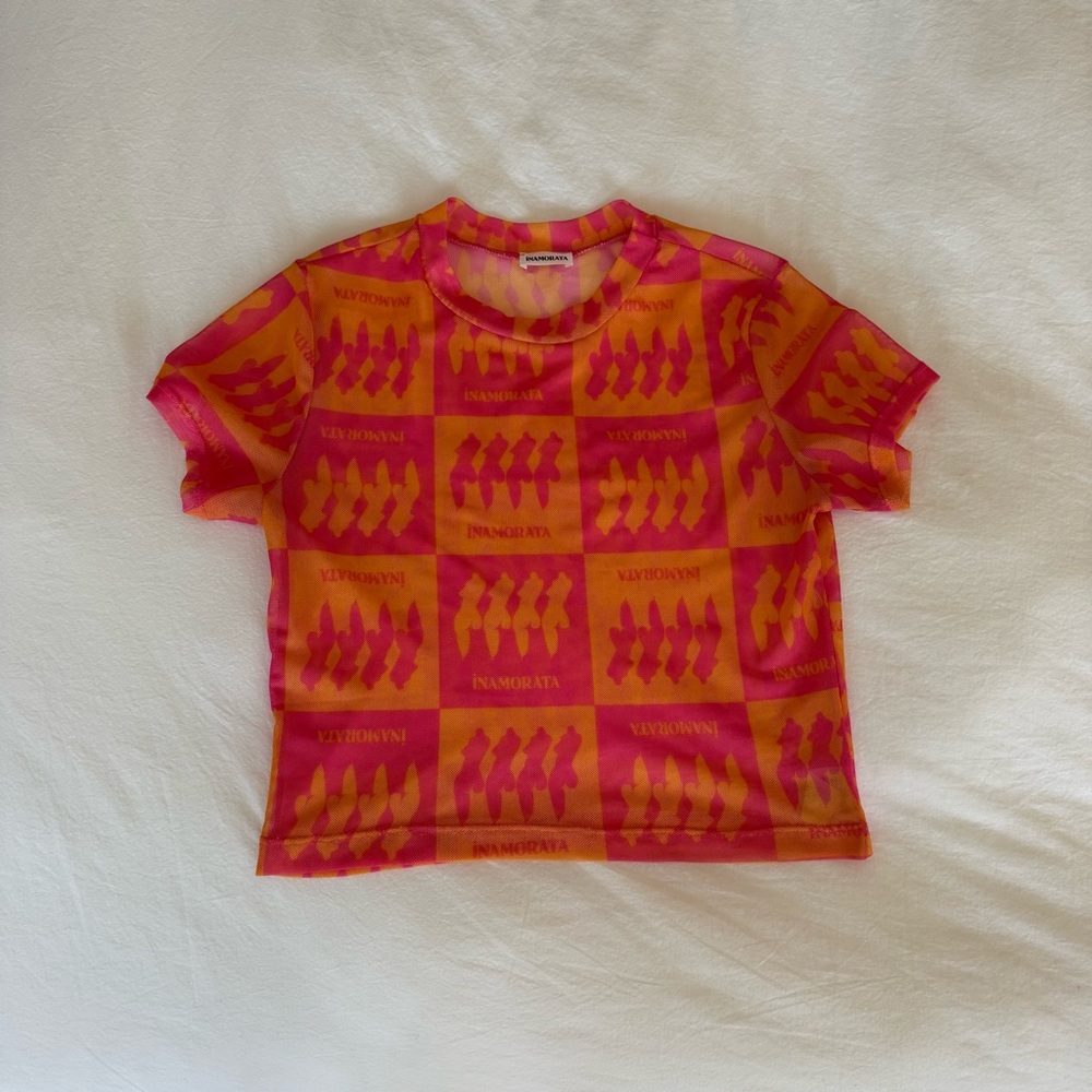 iNAMORATA Pink and Orange Short Sleeve Mesh Tee